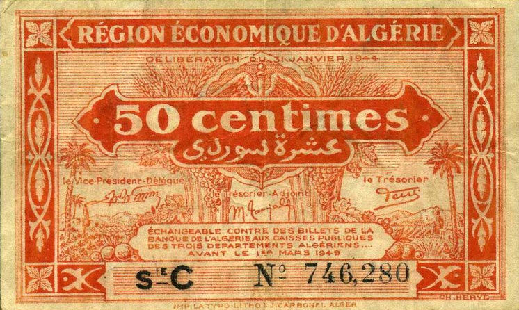 Front of Algeria p97a: 50 Centimes from 1944