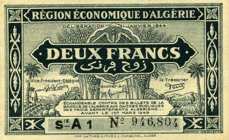 Front of Algeria p99a: 2 Francs from 1944