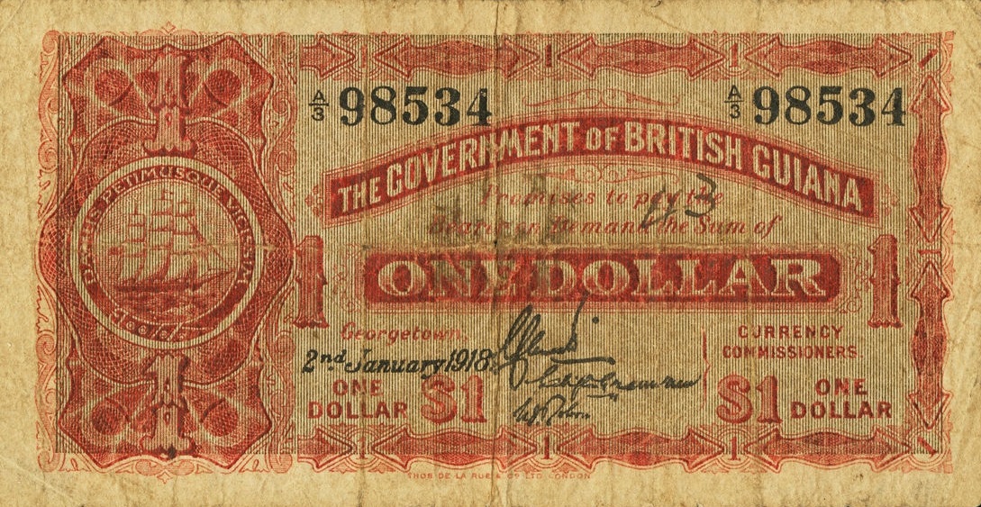 Front of British Guiana p1: 1 Dollar from 1916