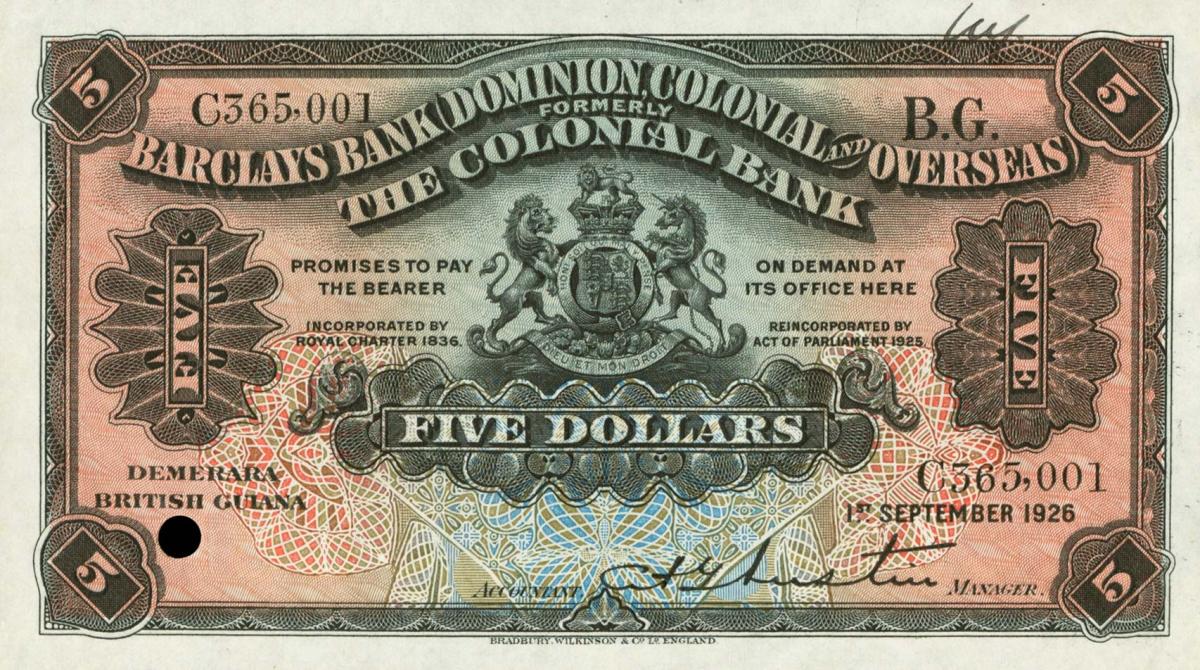 Front of British Guiana pS101s: 5 Dollars from 1926