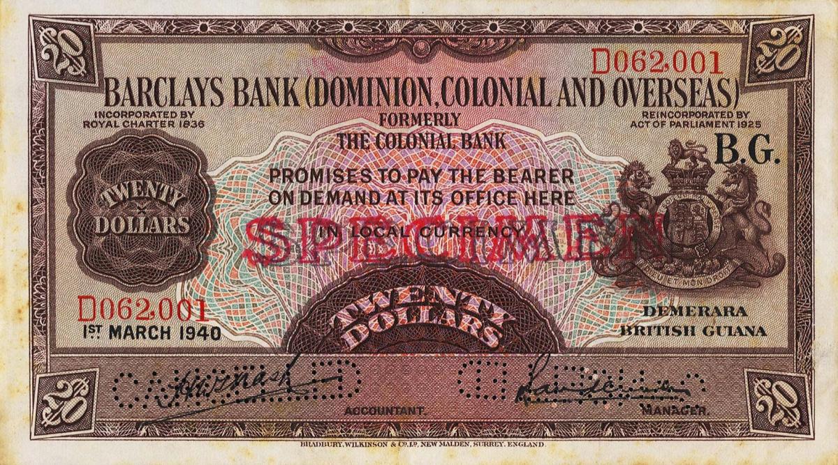 Front of British Guiana pS105s: 20 Dollars from 1937