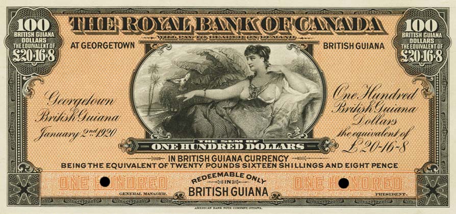 Front of British Guiana pS138p: 100 Dollars from 1920