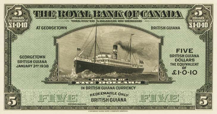 Front of British Guiana pS141p: 5 Dollars from 1938