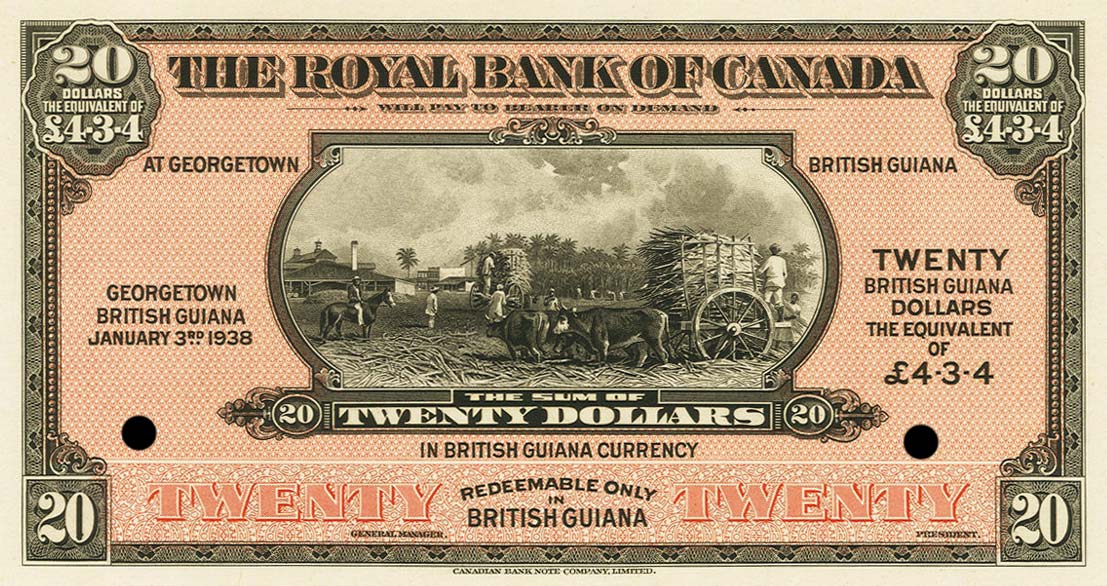 Front of British Guiana pS142p: 20 Dollars from 1938