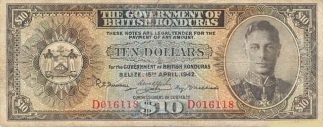 Front of British Honduras p23: 10 Dollars from 1939