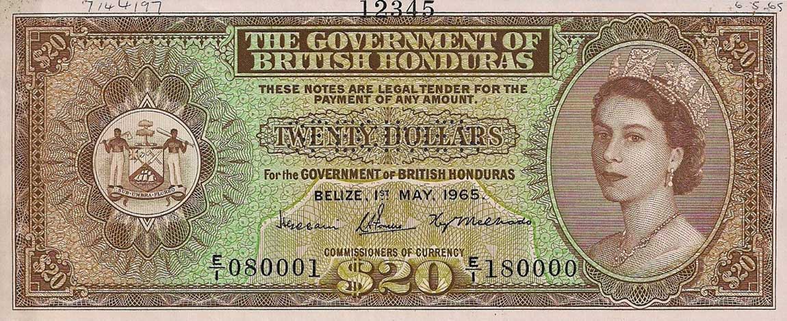 Front of British Honduras p32s: 20 Dollars from 1952
