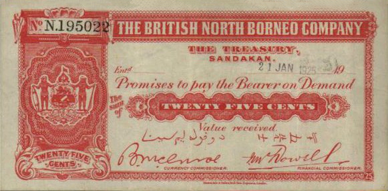 Front of British North Borneo p12c: 25 Cents from 1925