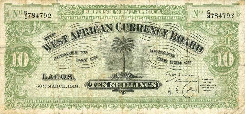 Front of British West Africa p4b: 10 Shillings from 1918