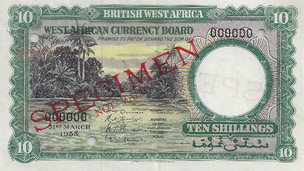Front of British West Africa p9s: 10 Shillings from 1953