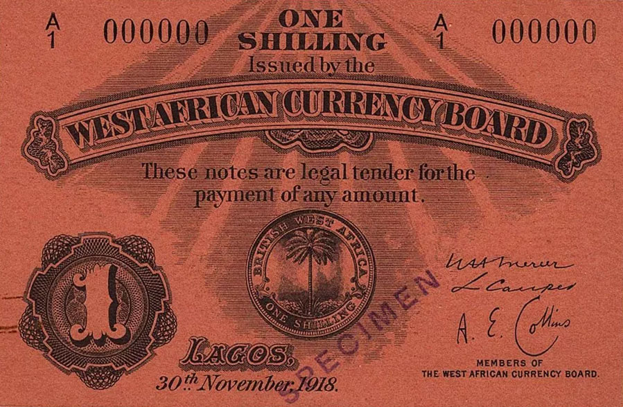 Front of British West Africa p1s: 1 Shilling from 1918