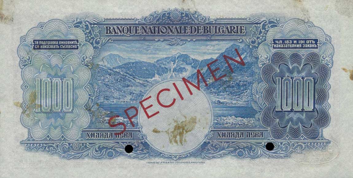 Back of Bulgaria p53ct: 1000 Leva from 1929