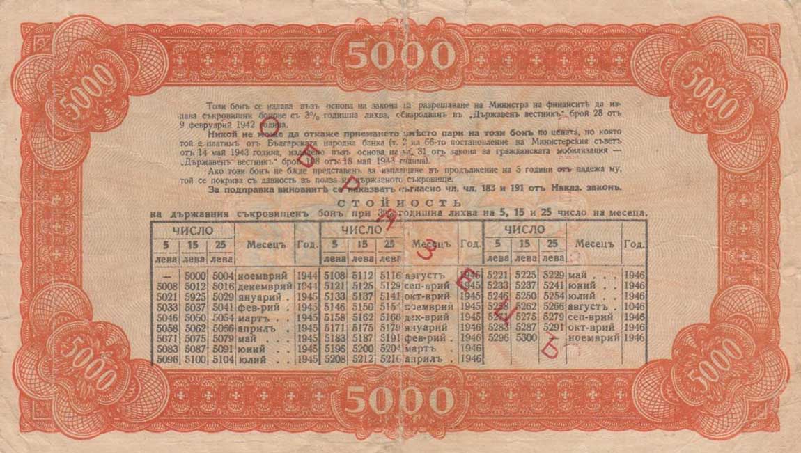 Back of Bulgaria p67Ns: 5000 Leva from 1944