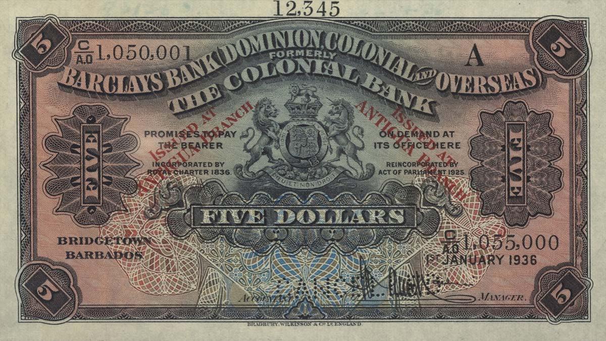 Front of Antigua pS105s: 5 Dollars from 1926