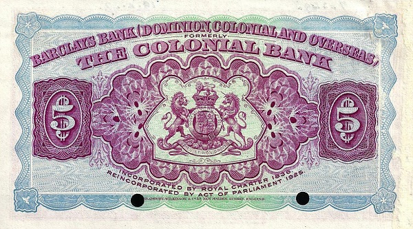 Back of Antigua pS108a: 5 Dollars from 1937