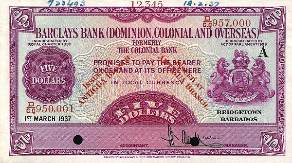 Front of Antigua pS108a: 5 Dollars from 1937