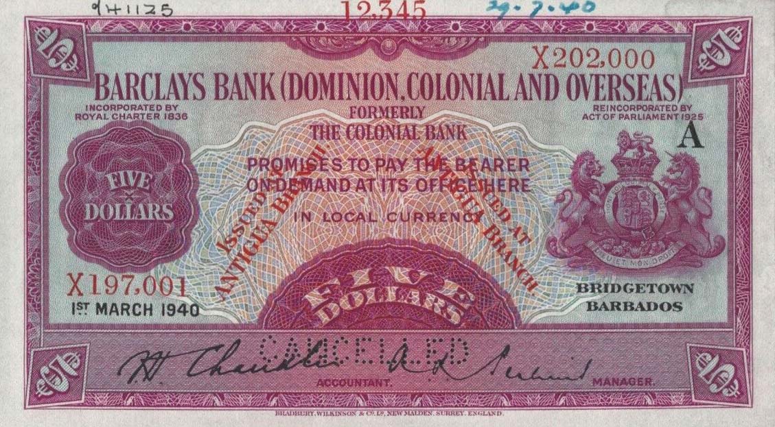 Front of Antigua pS108s: 5 Dollars from 1937