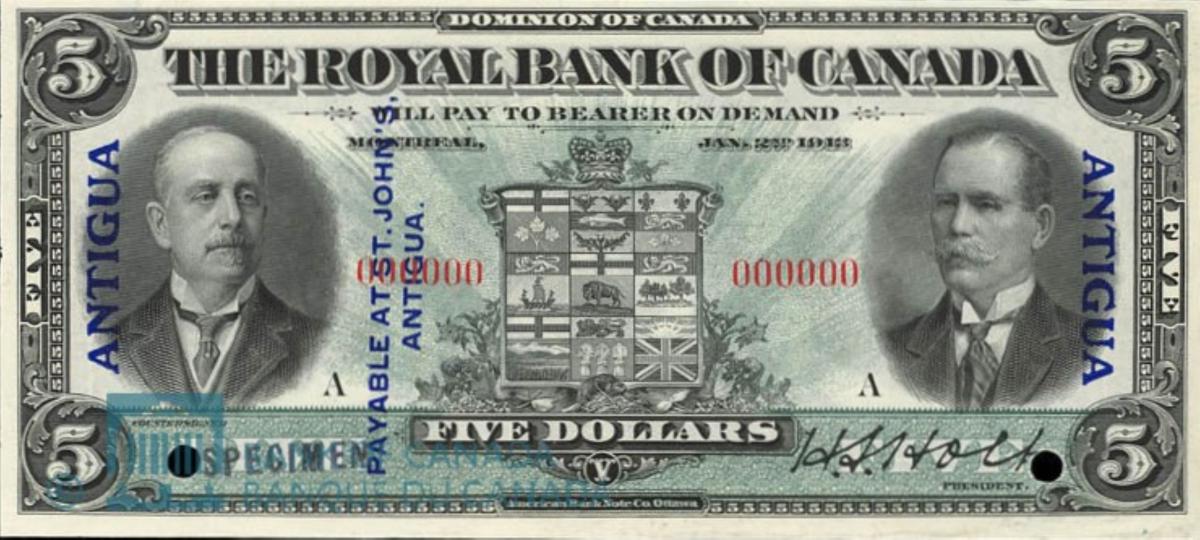 Front of Antigua pS115s: 5 Dollars from 1913