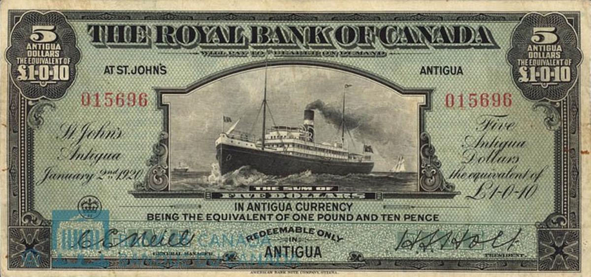 Front of Antigua pS116a: 5 Dollars from 1920