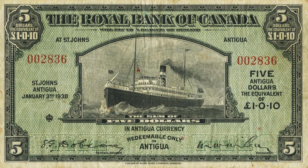 Front of Antigua pS117a: 5 Dollars from 1938