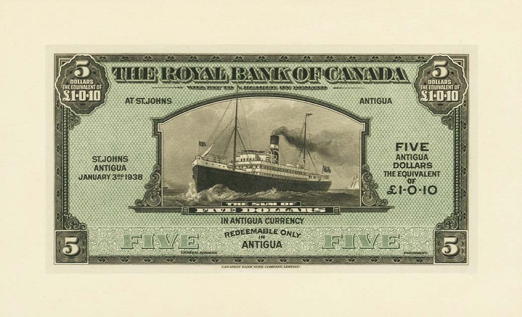 Front of Antigua pS117p: 5 Dollars from 1938