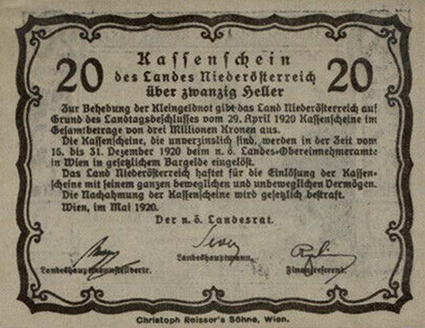 Back of Austrian States pS110a: 20 Heller from 1920