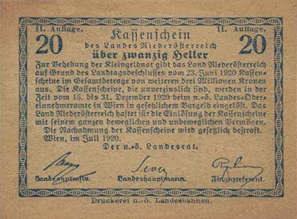 Front of Austrian States pS113a: 20 Heller from 1920