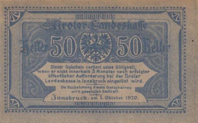 Back of Austrian States pS144: 50 Heller from 1920