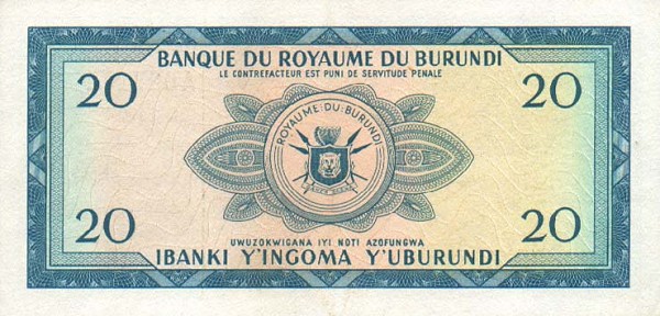 Back of Burundi p10a: 20 Francs from 1964