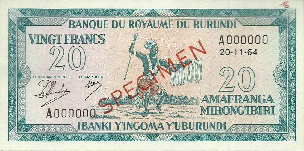 Front of Burundi p10s: 20 Francs from 1964