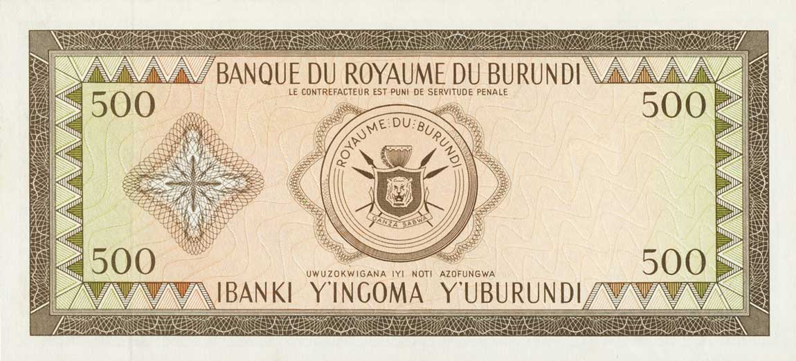 Back of Burundi p13a: 500 Francs from 1964