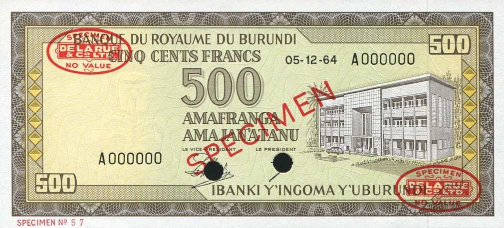 Front of Burundi p13s: 500 Francs from 1964