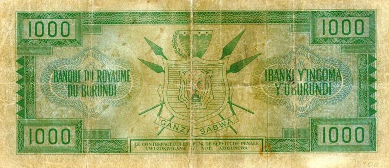 Back of Burundi p14a: 1000 Francs from 1964