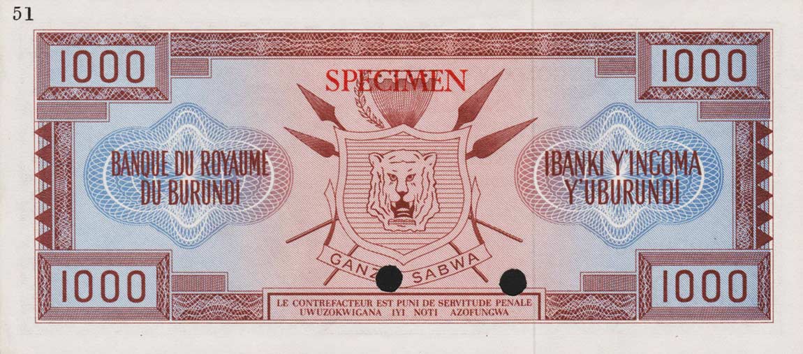 Back of Burundi p14ct: 1000 Francs from 1964