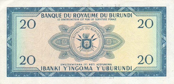 Back of Burundi p15: 20 Francs from 1966