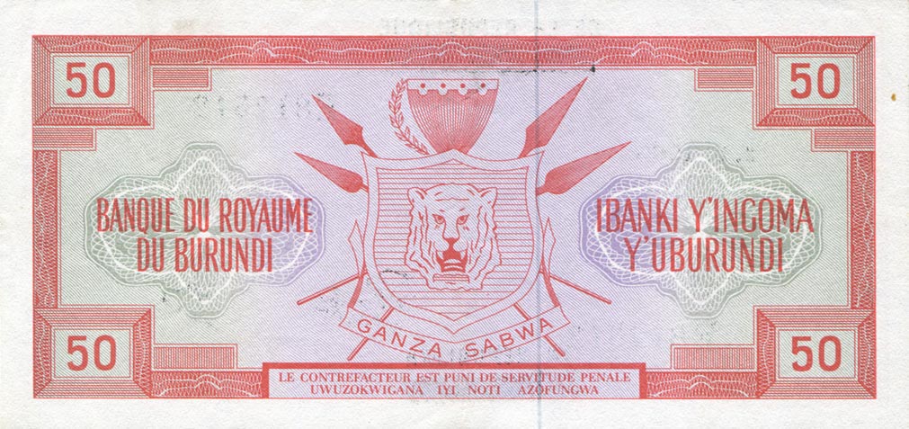 Back of Burundi p16a: 50 Francs from 1964