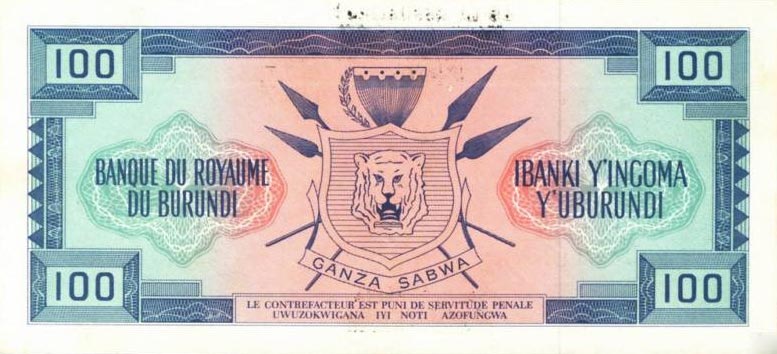Back of Burundi p17a: 100 Francs from 1966