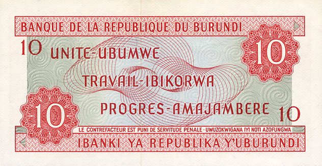 Back of Burundi p20b: 10 Francs from 1970