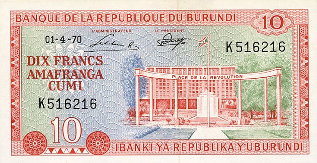 Front of Burundi p20b: 10 Francs from 1970