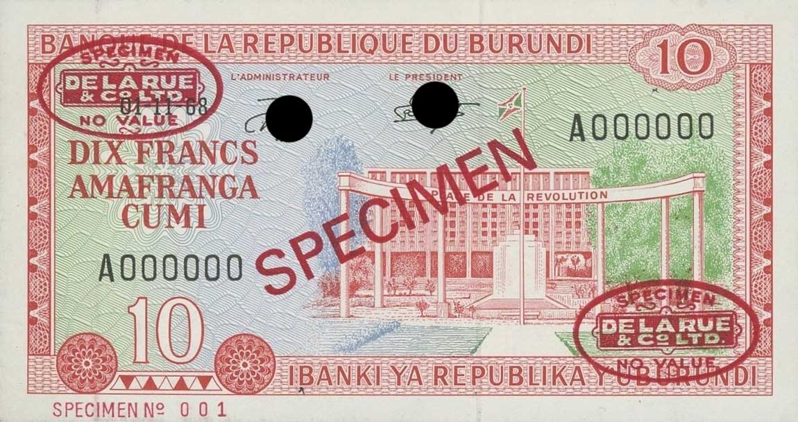 Front of Burundi p20s: 10 Francs from 1968