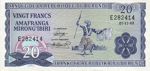 Front of Burundi p21a: 20 Francs from 1968