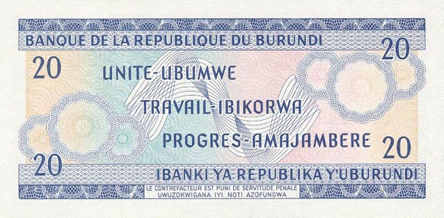 Back of Burundi p21b: 20 Francs from 1970