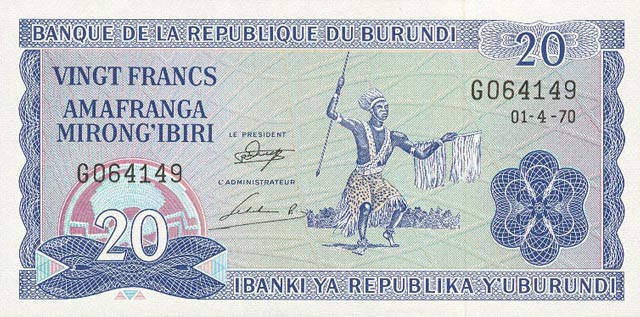Front of Burundi p21b: 20 Francs from 1970