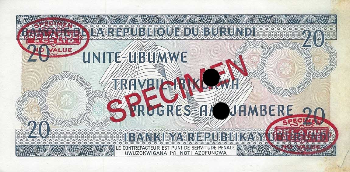 Back of Burundi p21s: 20 Francs from 1968