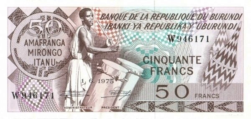 Front of Burundi p22Aa: 50 Francs from 1975