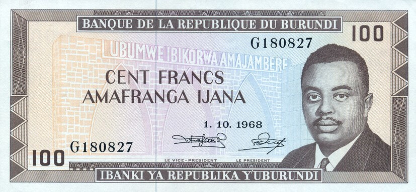 Front of Burundi p23a: 100 Francs from 1968