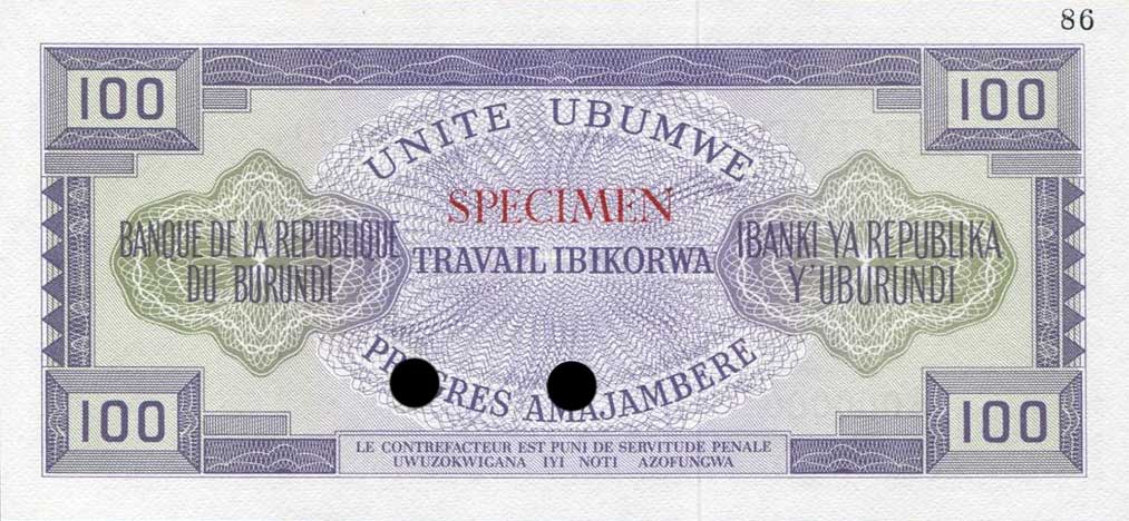 Back of Burundi p23ct: 100 Francs from 1968