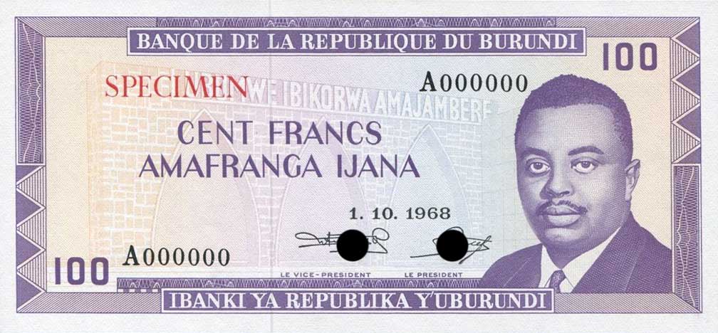 Front of Burundi p23ct: 100 Francs from 1968