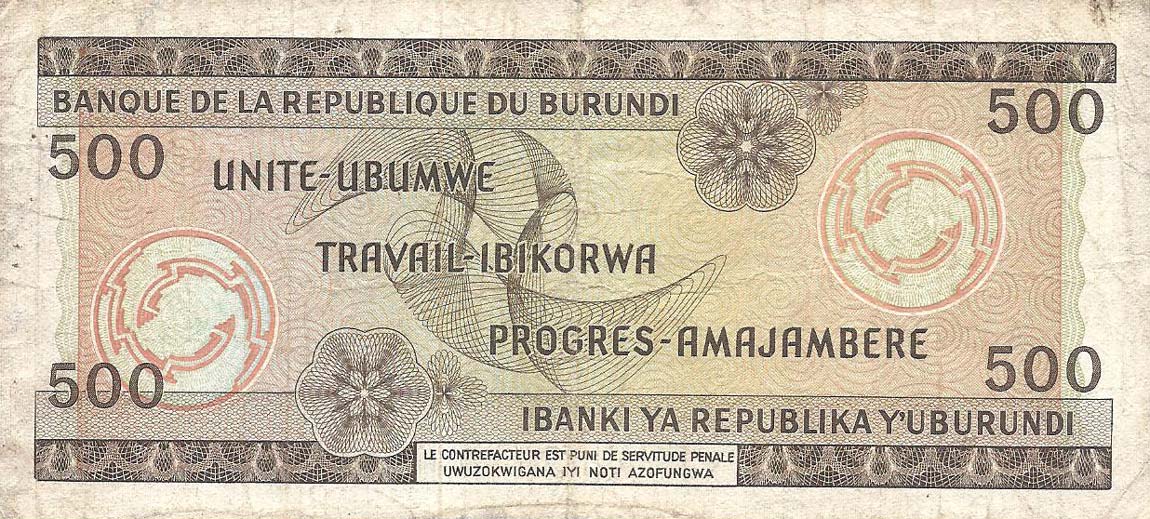 Back of Burundi p24a: 500 Francs from 1968