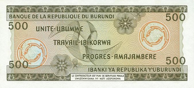 Back of Burundi p24b: 500 Francs from 1970