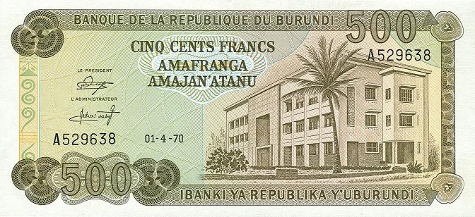Front of Burundi p24b: 500 Francs from 1970